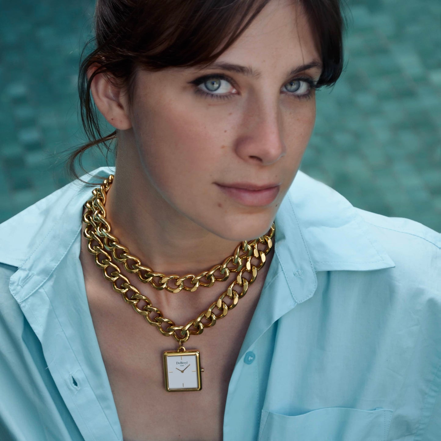 Collier montre extravagante grosse chaine luxe qualité DeBéryl assemblé à la main en France en acier inoxydable créateur design résistant à l’eau cadeau femme