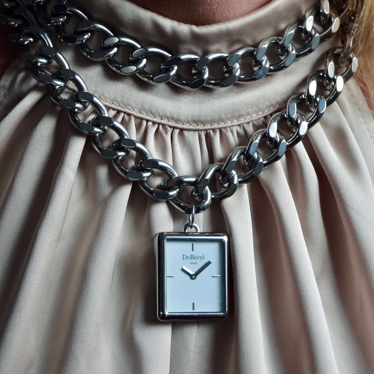 Collier montre originale grosse chaine luxe qualité DeBéryl assemblé à la main en France en acier inoxydable